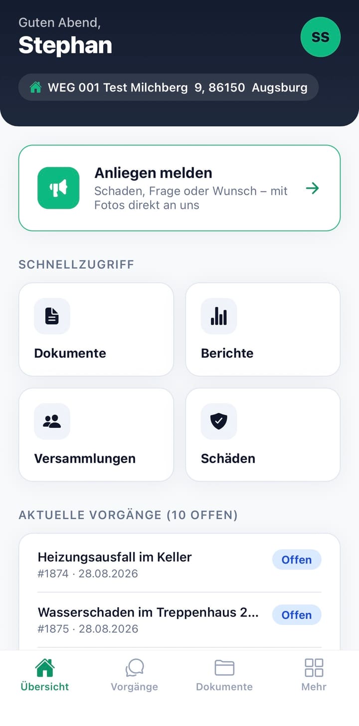 Startseite der Kunden-App mit Begrüßung, Schnellzugriff und aktuellen Vorgängen